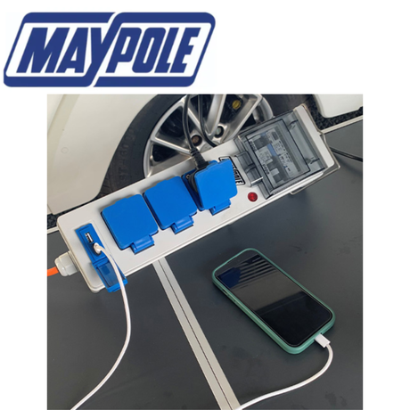 Maypole 230V 13A mobile mains power unit with USB ports, compact electrical power supply for portable use.