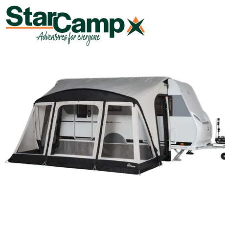 Dorema StarCamp Quick'n Easy Air Awning 385 set up, showcasing its spacious design and inflatable structure for camping.