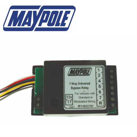 Maypole 7 Way Bypass Relay MP3877, electronic bypass relay device with wiring and connectors, for vehicle electrical systems.