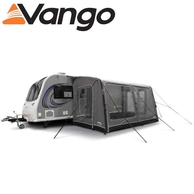 Vango Balletto Air 390 caravan awning set up with spacious design and air beams in a scenic outdoor setting.