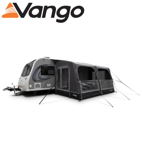 Vango Balletto Pro Air 390 caravan awning set up, showcasing spacious design and durable materials in a camping setting.