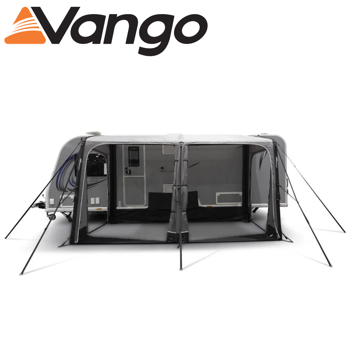 Vango Balletto Air 390 caravan awning set up with spacious interior and air beams in a scenic outdoor setting.