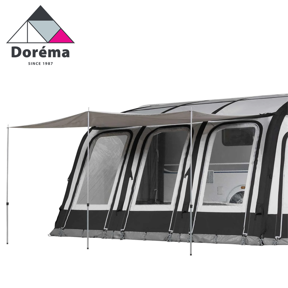 Dorema Magnum AirForce 390 sun canopy set up outdoors, showcasing its spacious design and durable material.