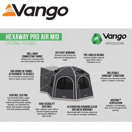 Vango Hexaway Pro Air Mid Driveaway Awning set up beside a campervan in a scenic outdoor setting.