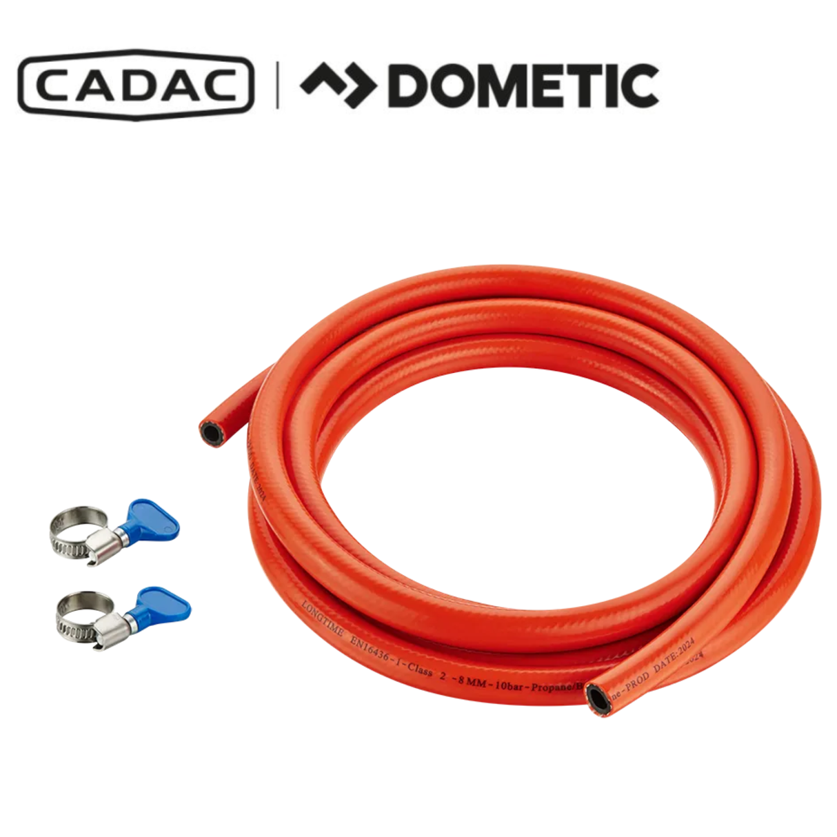 Cadac Dometic 3M gas hose and clamp set for secure connection of propane appliances, flexible and durable for outdoor use.