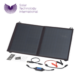 PV Logic 40W fold-up solar panel, portable and lightweight for outdoor energy solutions, shown in a folded and open position
