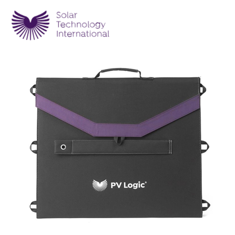 PV Logic 40W fold-up solar panel shown, portable and compact for outdoor solar power generation and charging devices.
