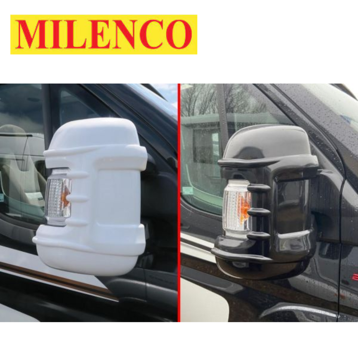 Milenco long arm mirror protector bumpers for Ducato, Boxer, Relay vans in black or white, providing mirror protection and impact resistance.