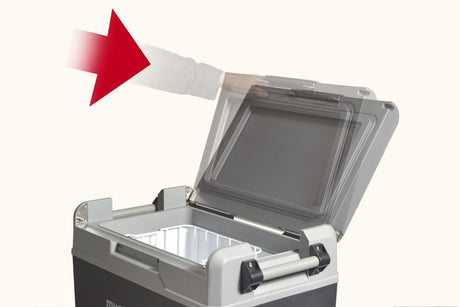 Milenco myCOOLMAN 47L Roamer Compressor Coolbox in a compact design, showcasing its fridge and freezer capabilities.