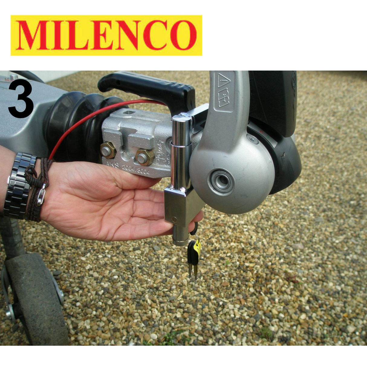 Milenco AKS Compact HitchLock 4992 displayed, showcasing its sturdy design and secure locking mechanism for trailers.
