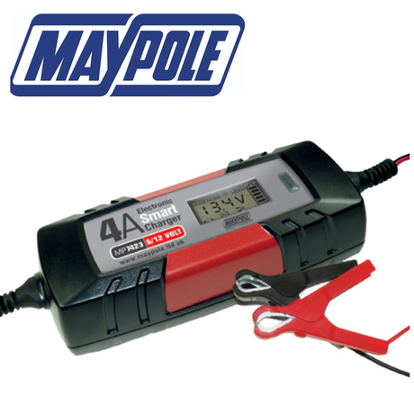 Maypole 4A 6/12V electronic smart charger showing digital display and charging cables for automotive or motorcycle batteries