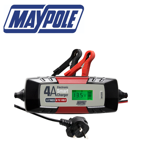 Maypole 4A 6/12V electronic smart charger with digital display and connection cables for vehicle battery charging.