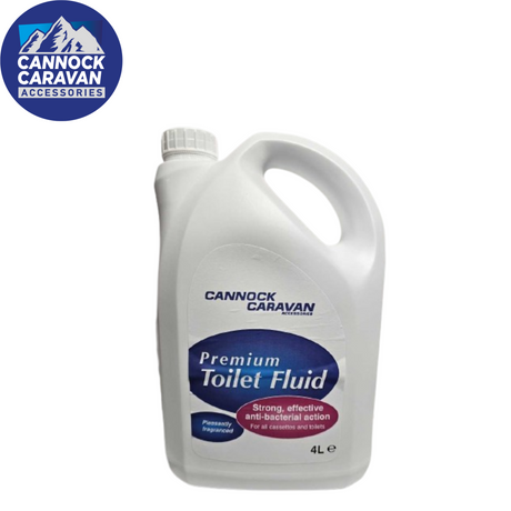 Cannock Caravan Accessories blue 4L toilet fluid bottle with label, designed for caravan sanitation.
