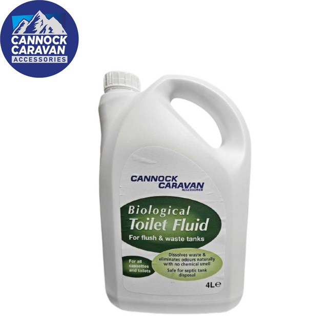 Cannock Caravan Accessories Biological 4L Toilet Fluid in a green bottle, designed for efficient toilet maintenance.