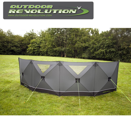 Outdoor Revolution Pronto Tensile Pro 4 Panel Windbreak set up outdoors, showcasing its sturdy panels and wind protection.