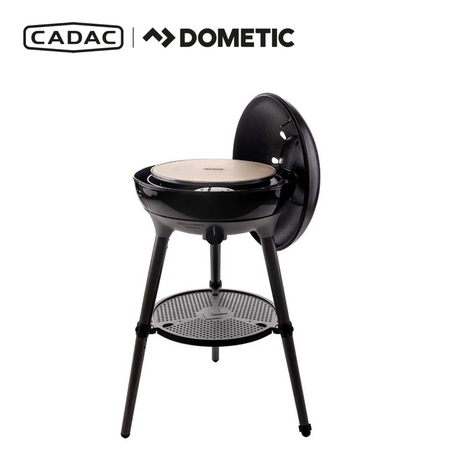 Cadac Dometic Chef 50 BBQ with QR, showcasing a sleek gas BBQ design and cooking surface in a garden setting.
