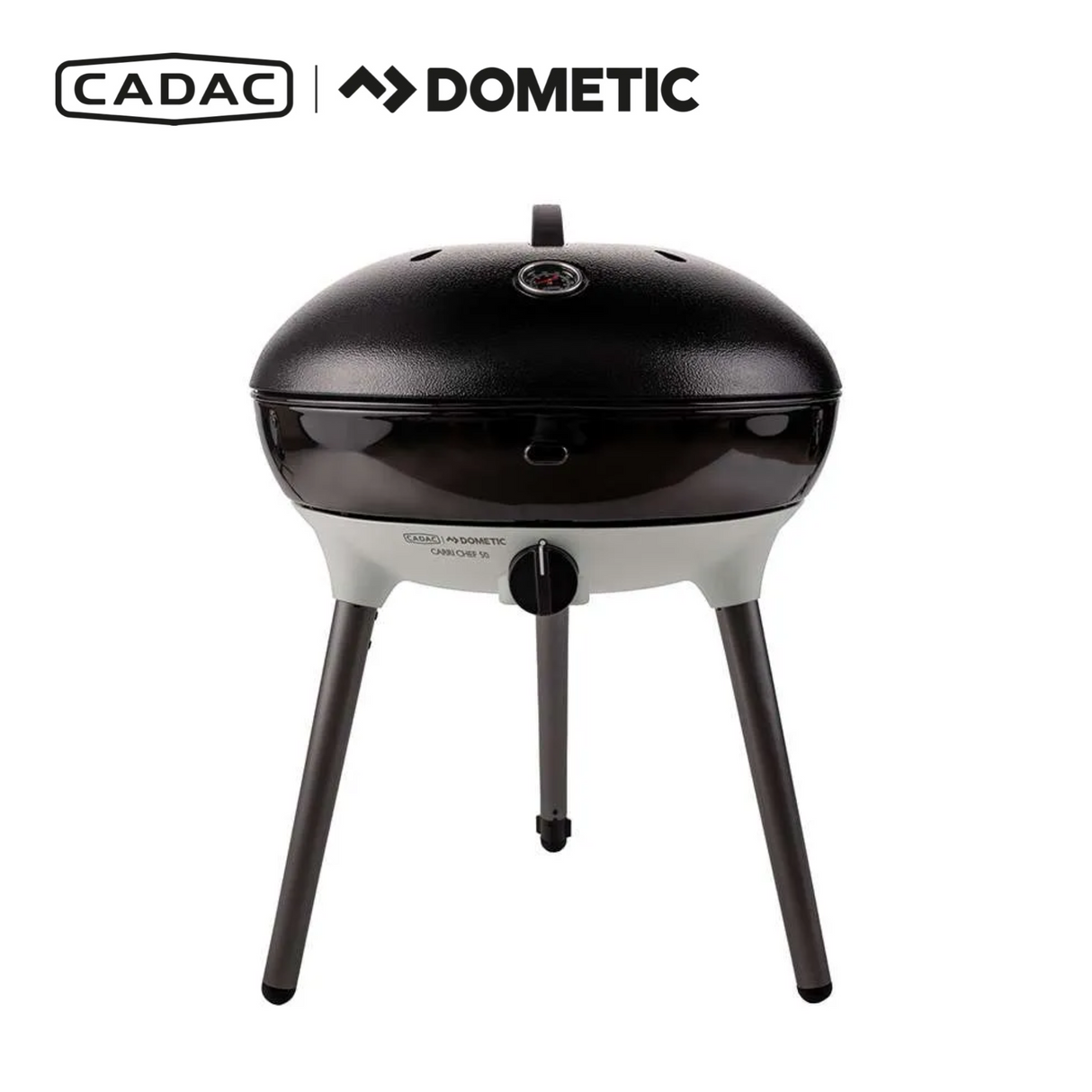 Cadac Dometic Chef 50 gas BBQ grill with QR, featuring a sleek design and cooking surface, set outdoors.