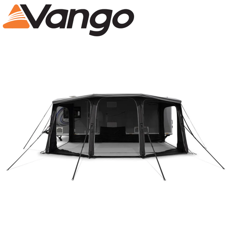 Vango Tuscany Air Pro Shield 500 caravan awning set up, showcasing its spacious design and durable fabric in a campsite setting.