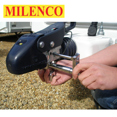 Milenco BPW/Winterhoff Compact Hitchlock 5005 in silver, securely locking a trailer hitch for enhanced safety.