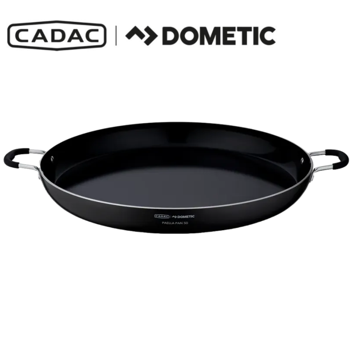 Cadac Dometic Paella Pan 50 showing a large, round, non-stick pan with handles, ideal for preparing paella dishes.