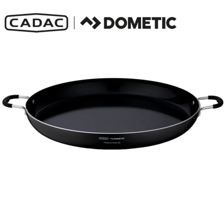 Cadac Dometic Paella Pan 50 showing a large, round, non-stick pan with handles, ideal for preparing paella dishes.