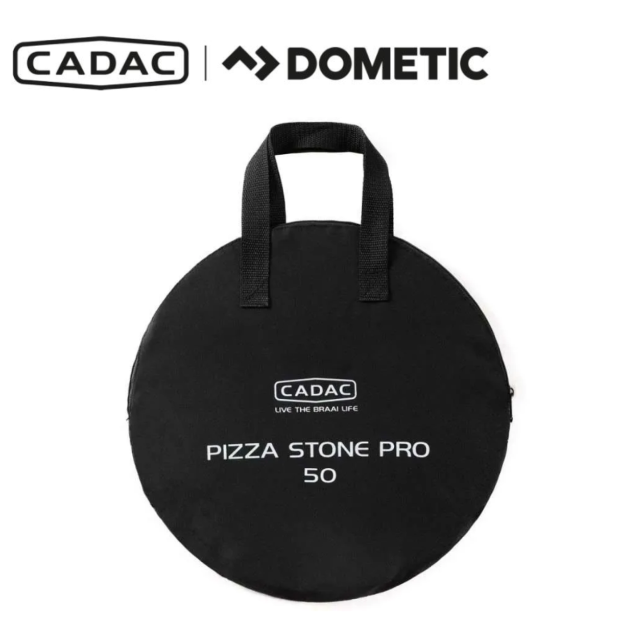 Cadac Dometic Pizza Stone Pro 50 in a bag, round ceramic pizza stone for outdoor grilling and baking.