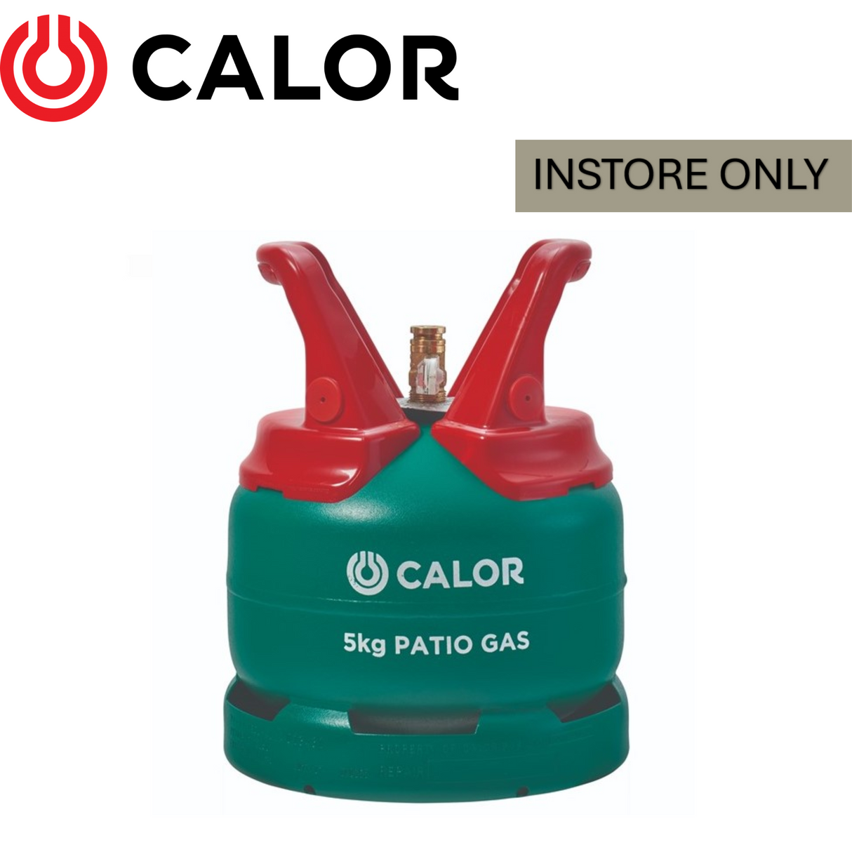 Calor 5kg propane patio gas bottle, cylindrical tank with valve, used for outdoor heating and grilling in outdoor settings.