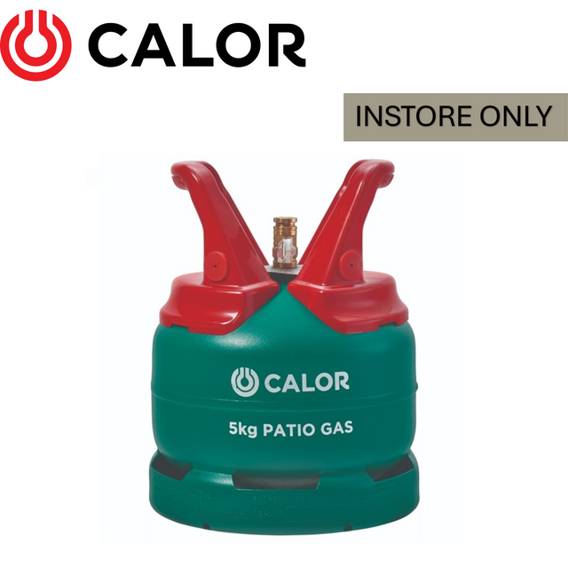 Calor 5kg propane patio gas bottle for outdoor use, shown upright with valve and label, suitable for patio heating appliances.