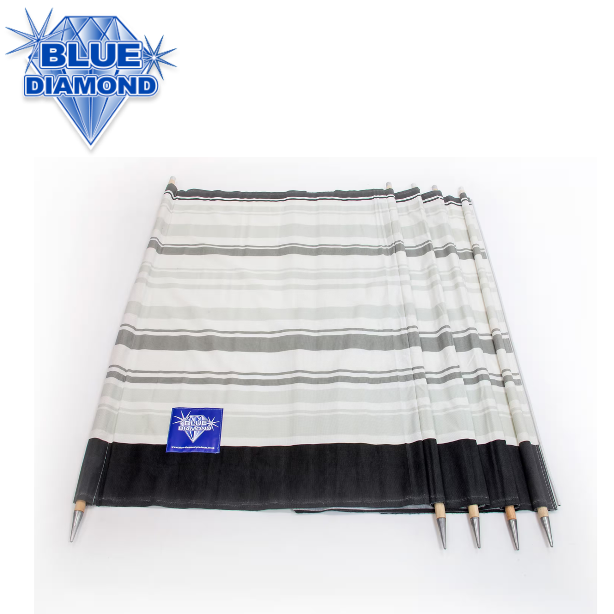 Blue Diamond 5-poled windbreak in various colors, showcasing lightweight, durable fabric and sturdy poles for outdoor use.