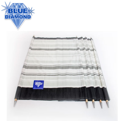 Blue Diamond 5-poled windbreak in various colors, showcasing lightweight, durable fabric and sturdy poles for outdoor use.