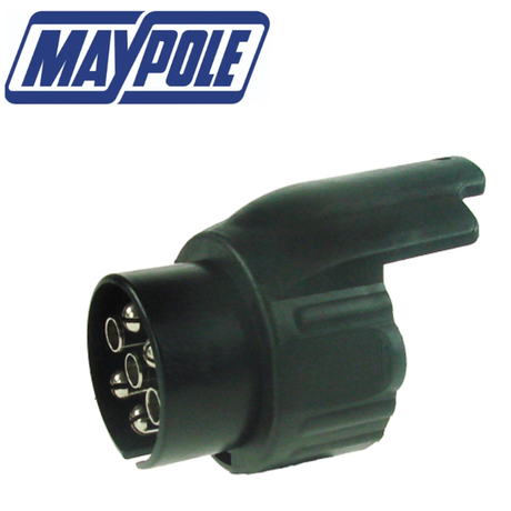 Maypole 7 Pin to 13 Pin trailer adaptor showing the black plastic connector with metal pins for vehicle and trailer connection.
