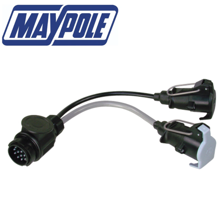 Maypole conversion lead with 13-pin plug and dual 7-pin sockets (12N & 12S) for trailer wiring connections.