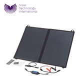 PV Logic 60W fold-up solar panel shown open with flexible panels and handle, ideal for portable solar power solutions.
