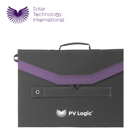 PV Logic 90W fold-up solar panel with black panels and handle, designed for portable solar power applications.