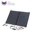 PV Logic 90W fold-up solar panel shown in compact, portable design with reflective surface and hinge for easy setup.