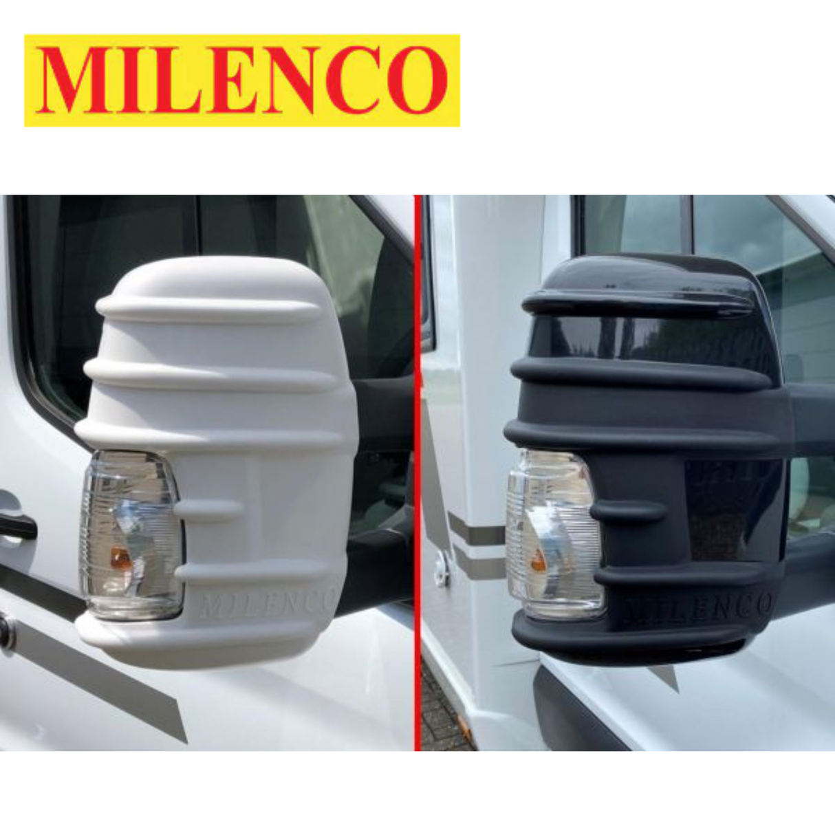 Milenco Ford Transit long arm mirror protectors in black or white, designed to shield side mirrors from damage.