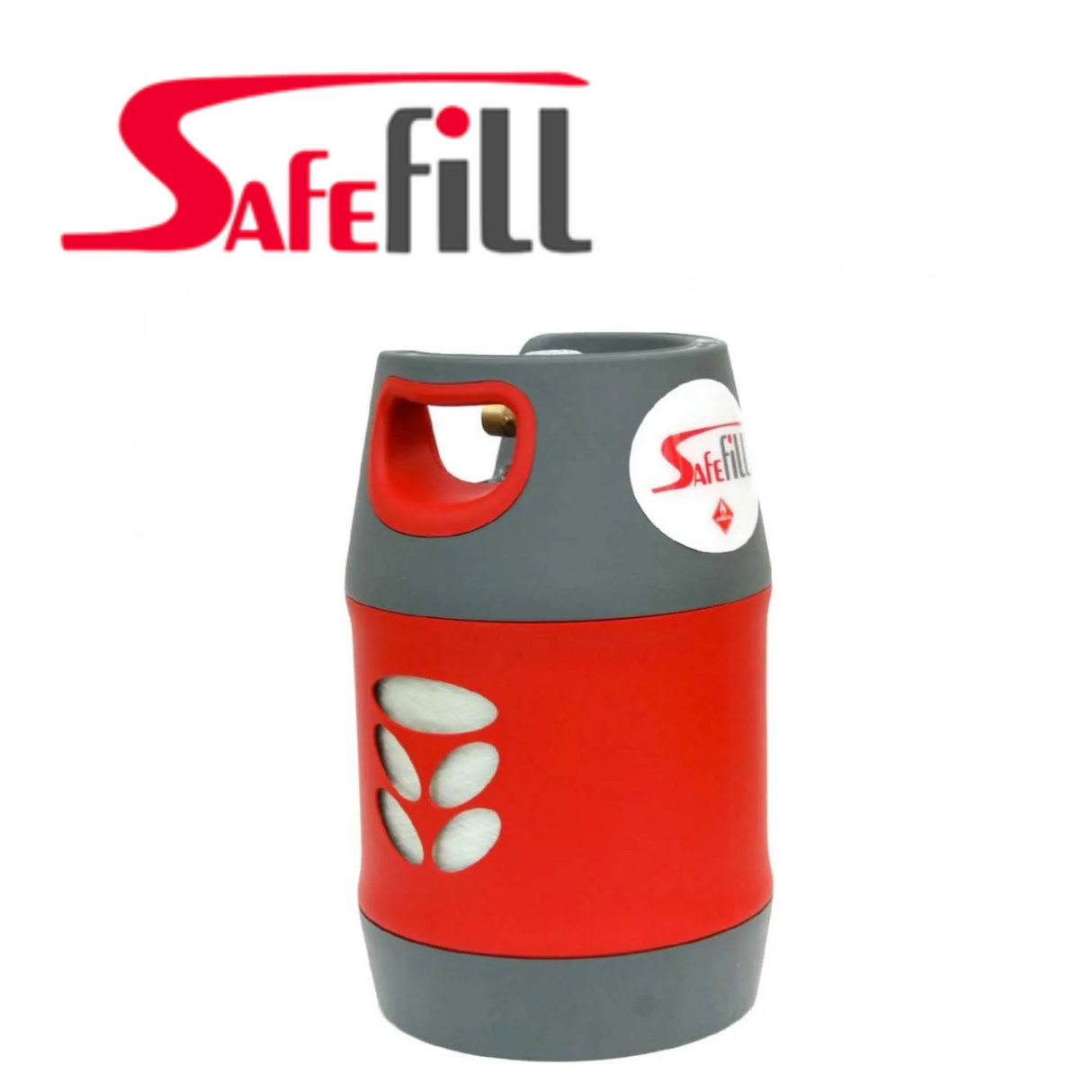Safefill 7.5kg gas cylinder with white and blue safety label, standing upright on a plain background.