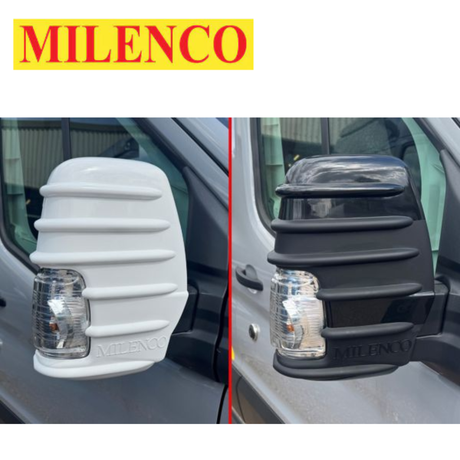 Milenco Ford Transit mirror protector in white and black, designed for short arm mirrors, showcasing durable construction.