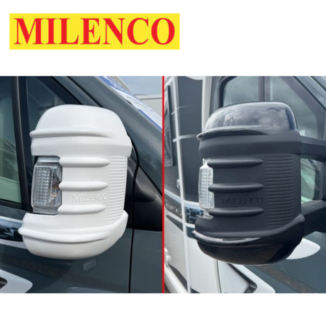 Milenco 2025 Ducato mirror protectors in white, designed for long/short arm mirrors, showcasing durable construction.