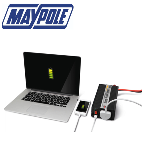 Maypole 800W power inverter with USB ports, 12V/230V output, compact design for vehicle and portable power use