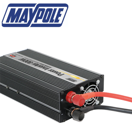 Maypole 800W power inverter with USB ports, 12V/230V input, compact design for vehicle and home power needs.