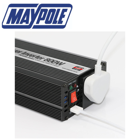 Maypole 800W power inverter with USB ports, 12V/230V converter for vehicle or home use, shown in the product image