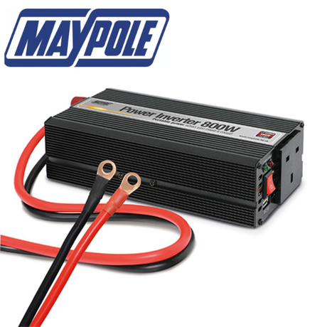 Maypole 800W power inverter with USB port, converts 12V/230V for vehicle or home use, shown in the image.