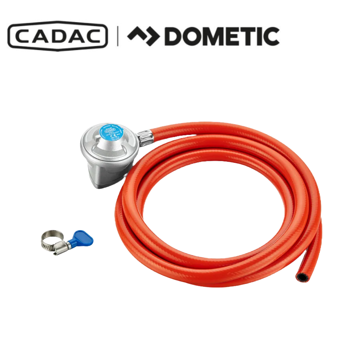 Cadac Dometic LP Butane clip-on regulator with 2-meter hose for gas camping stoves and appliances.