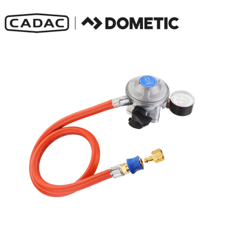 Cadac Dometic LP Butane Clip On Regulator QR showing the silver metal regulator with connection fittings for butane gas canisters.