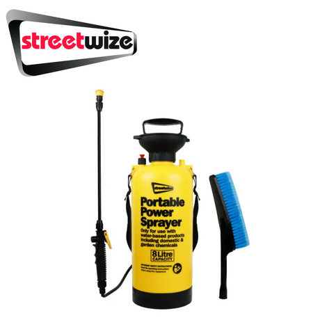 Streetwize 8L portable power spray with a handle and nozzle, designed for cleaning and spraying tasks.