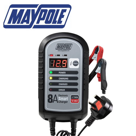 Maypole 8A 12V electronic smart charger with digital display for efficient battery charging and maintenance.