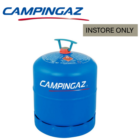 Campingaz 907 cylinder in a retail display, showcasing its compact design and distinctive blue color for camping use.