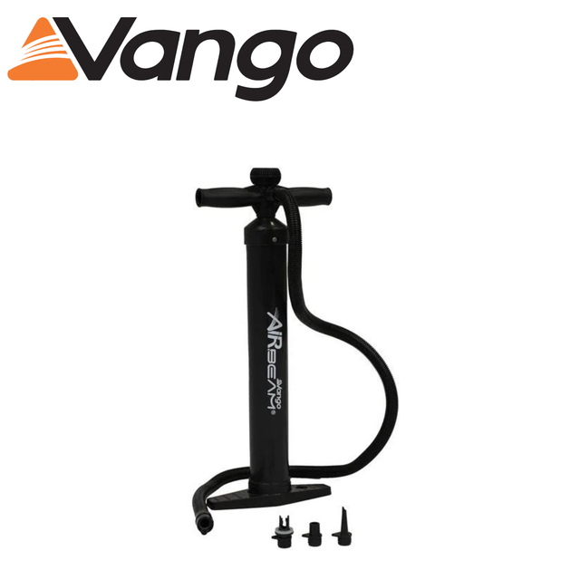 Vango Airbeam Pump with a sleek design and nozzle, ideal for inflating air tents and outdoor gear.
