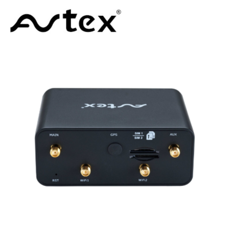 Avtex 4G antenna dual SIM router AMR994X with antennas and ports for mobile internet connectivity.